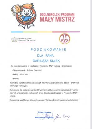 Podziękowanie dla p. Dariusza Sułka